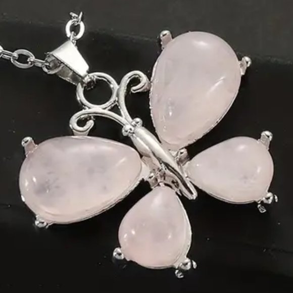 Rose Quartz Natural Stone Cute Butterfly Pendant Necklace Gemstone Pendant - Picture 2 of 2